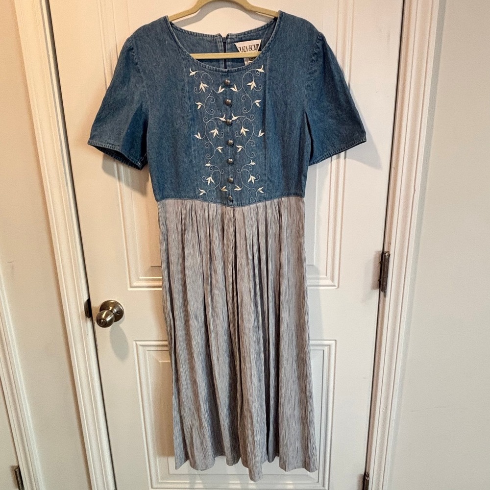 Vintage Plaza South Womens Dress Sz 10 Blue Denim Embroidered Striped Midi 1995